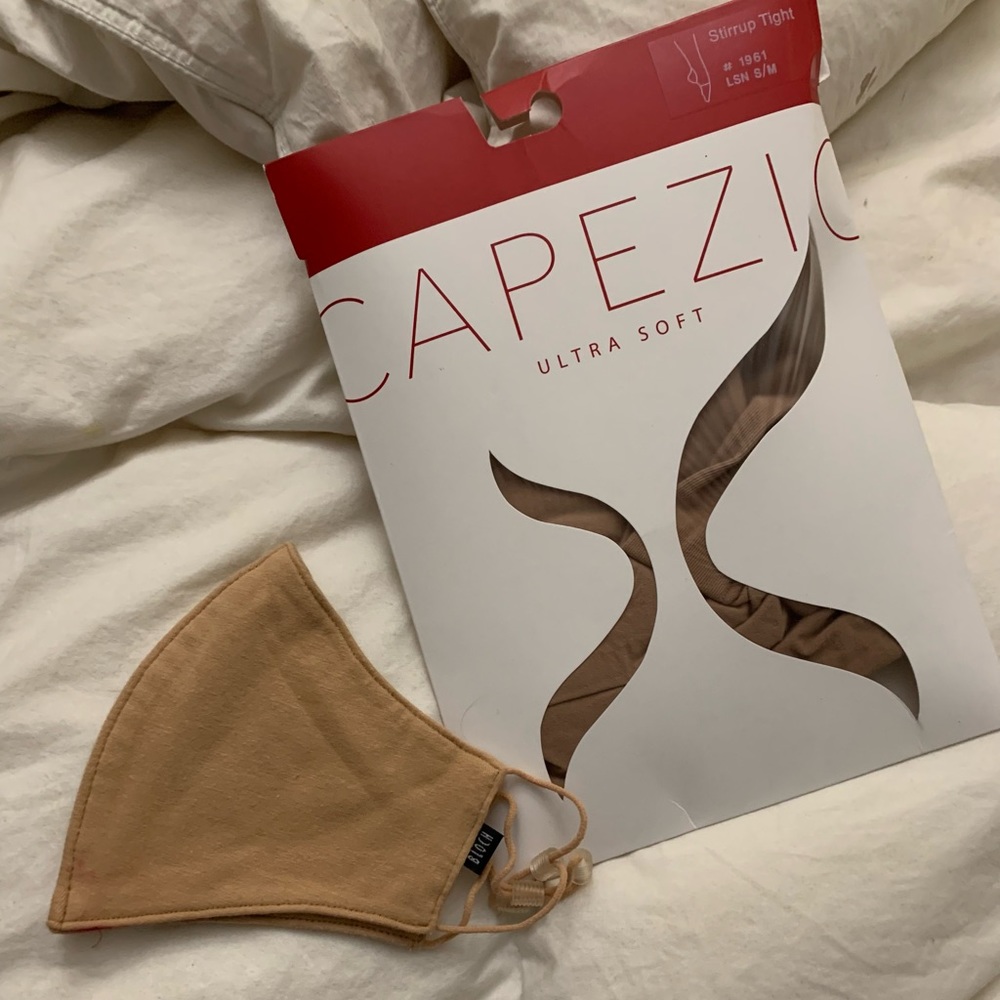 beige face mask + beige capezio tights